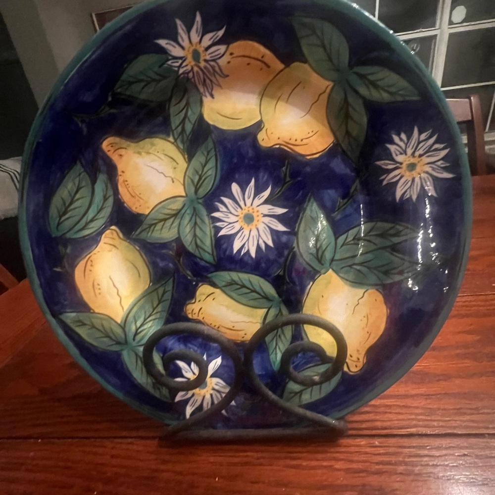 Handcrafted Ceramic Plate with Lemons and Flowers without Stand